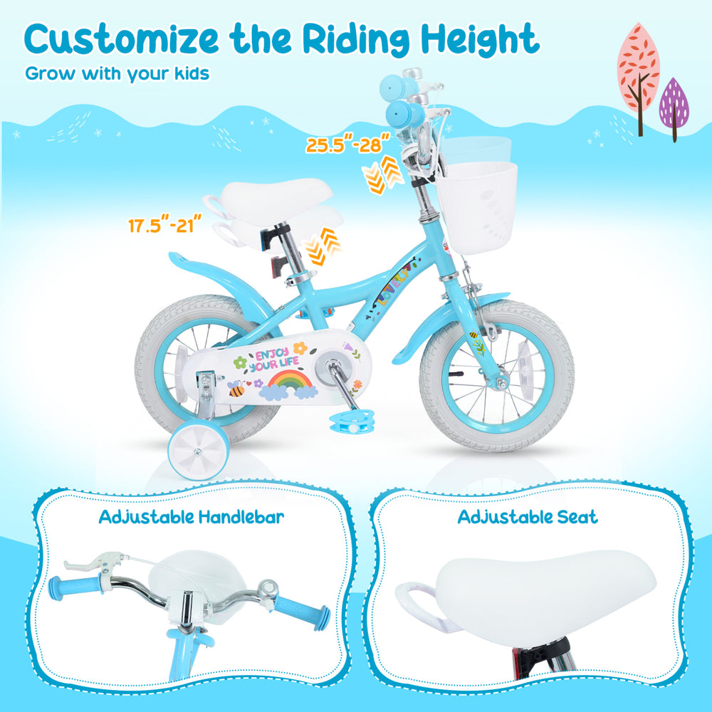 12-inch girls bike in blue with adjustable seat, training wheels, and basket for kids aged 3-4 years.