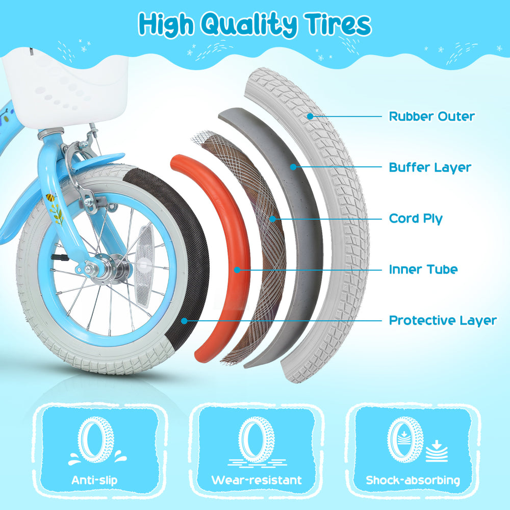 High-quality 12-inch bike tires feature a rubber outer, buffer layer, and are anti-slip, wear-resistant, and shock-absorbing.
