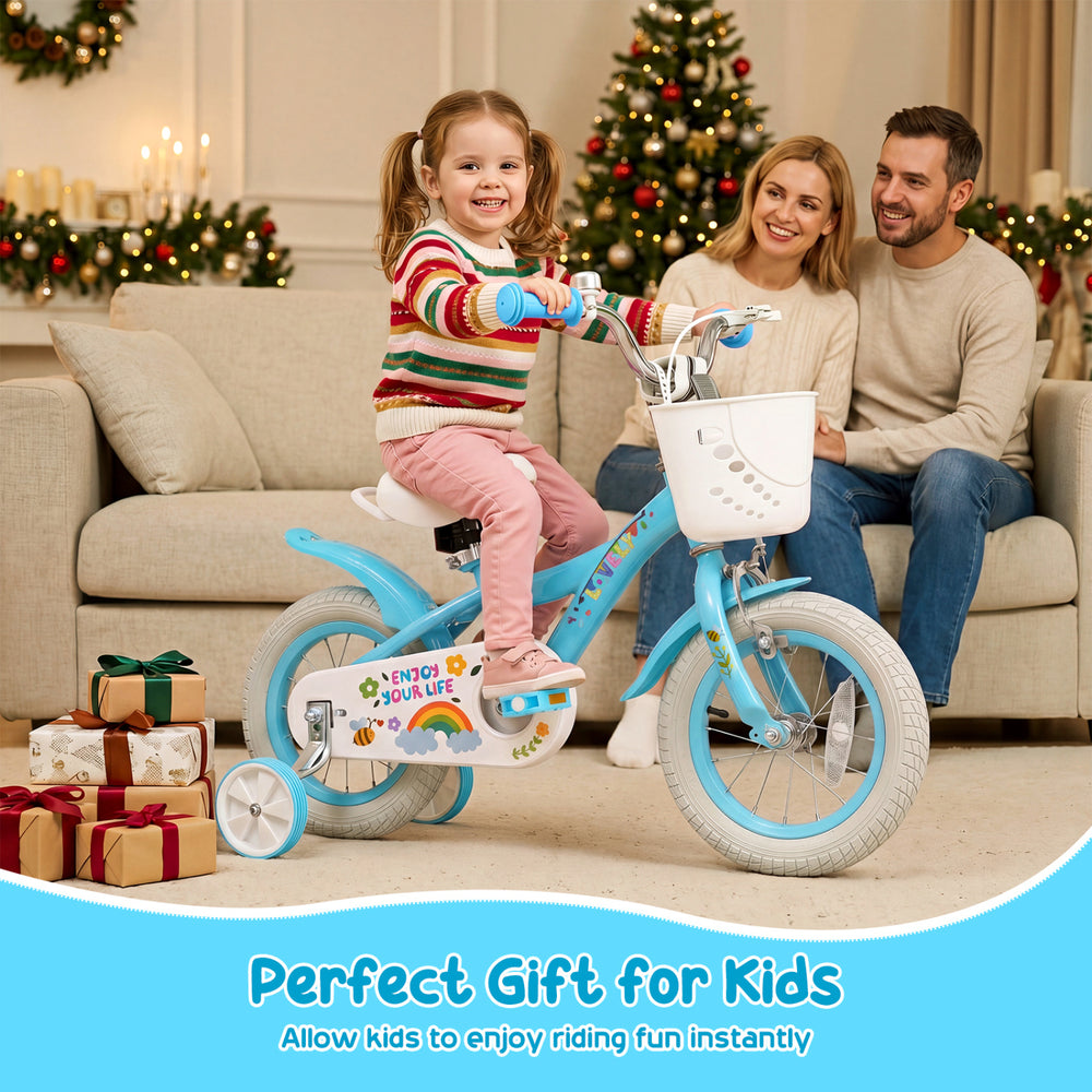 12-inch blue girls bike with training wheels, basket, and adjustable seat for kids aged 3-4, perfect for riding fun.