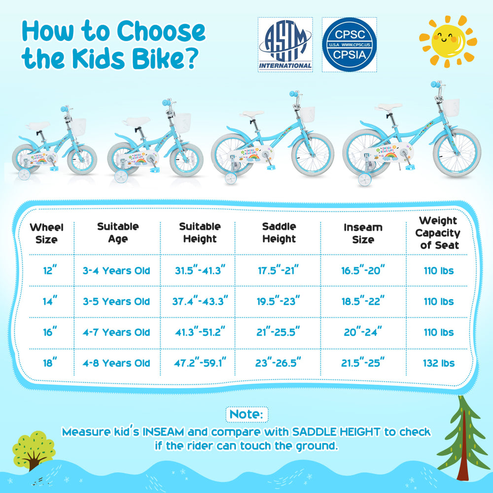 12-inch girls bike in blue for ages 3-4, featuring training wheels, a basket, and adjustable seat for comfort.