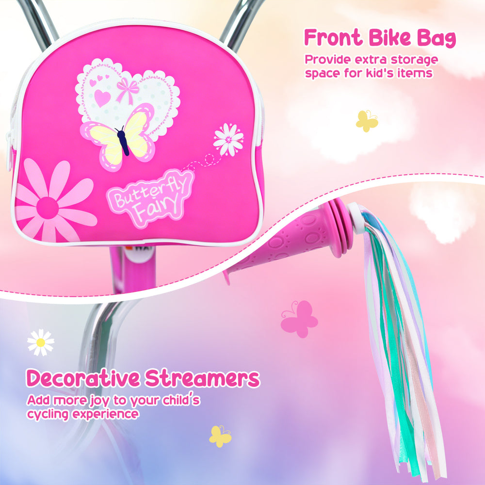 Front bike bag and decorative streamers on a pink 12-inch girls bike for ages 3-4, enhancing playful cycling adventures.