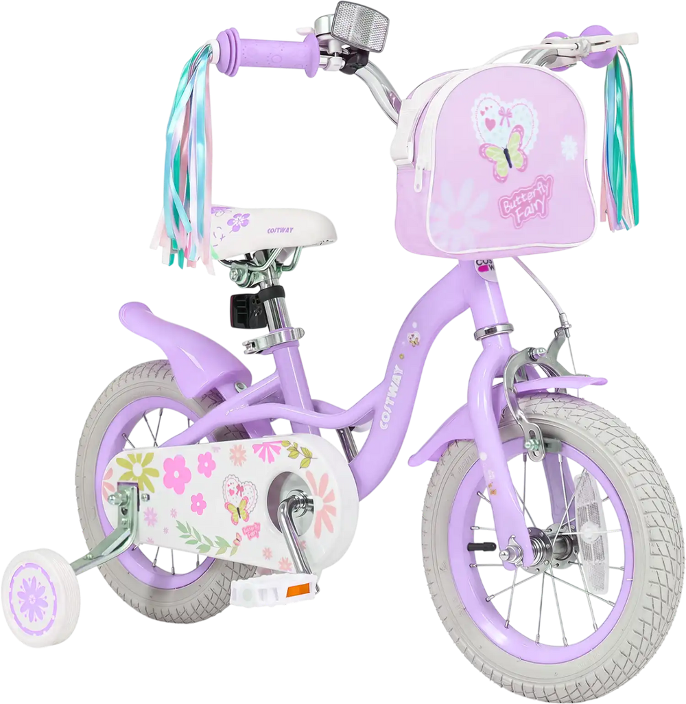Purple 12-inch girls bike with front bag, streamers, removable training wheels, and adjustable height for ages 3-4.