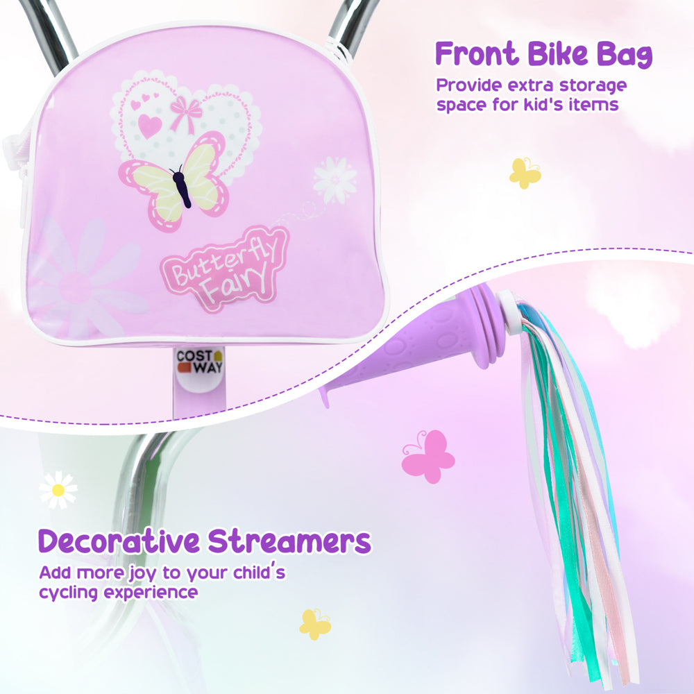 Purple 12-inch girls bike featuring a front bag for storage and decorative streamers for added fun during rides.