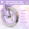 Wear-resistant tires with a rubber outer and protective layer ensure long-lasting riding for the 12-inch purple girls bike.