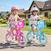 Two girls ride colorful 12-inch bikes with front bags and streamers, perfect for ages 3-4, on a sunny pathway.