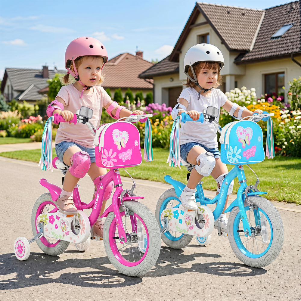 Two girls ride colorful 12-inch bikes with front bags and streamers, perfect for ages 3-4, on a sunny pathway.