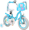 Girls' 12-inch blue bike features a front bag, streamers, adjustable height, training wheels, and wear-resistant tires.