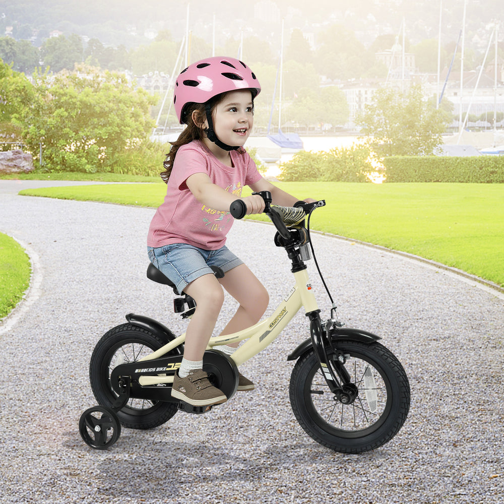 Kids bike with removable training wheels, adjustable seat, and dual brakes, perfect for ages 3-8, ideal for outdoor fun.