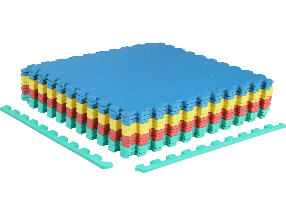 Multicolor interlocking EVA foam floor tiles, 0.5" thick, non-slip surface, ideal for home gym or living room use.