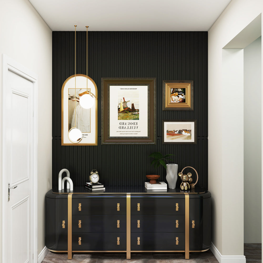 Elegant black PVC slat wall panels with 3D fluted texture, perfect for modern living room and TV background decoration.