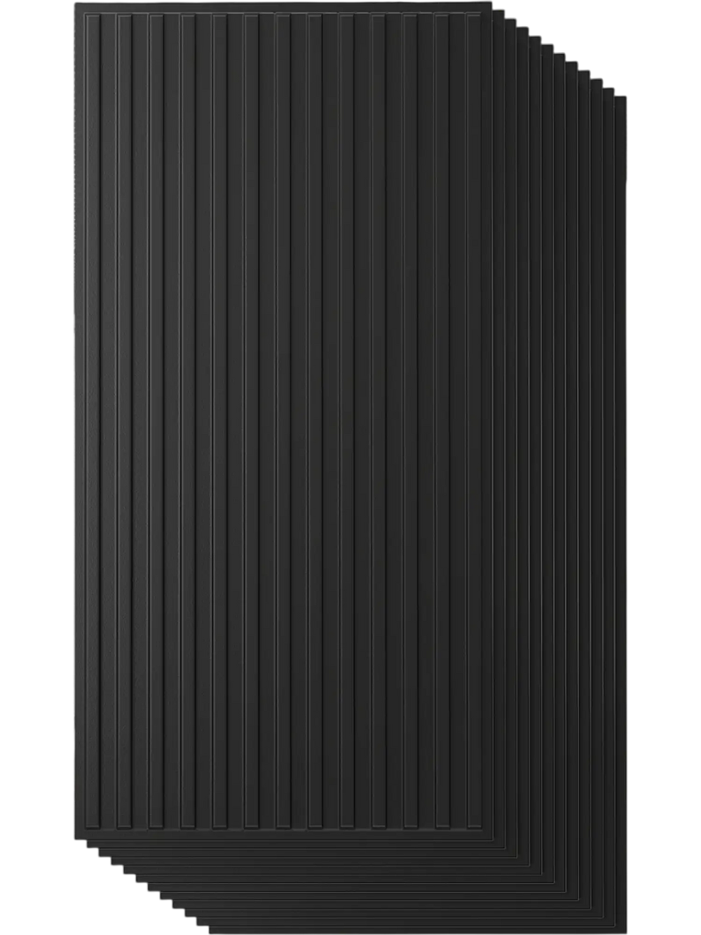 Black 12-pack PVC slat wall panels with 3D fluted texture for elegant interior wall decoration in living rooms and more.