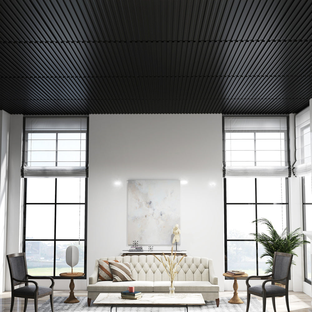 Black PVC slat wall panels showcasing a modern 3D fluted texture, ideal for elegant living room decoration.