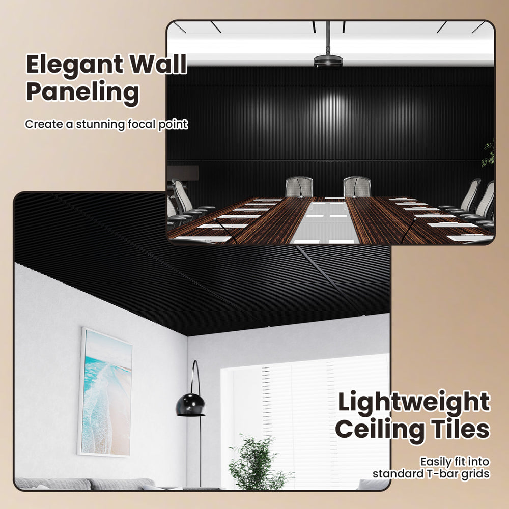 Black PVC slat wall panels with 3D fluted texture, ideal for modern interior decoration in living rooms and TV.