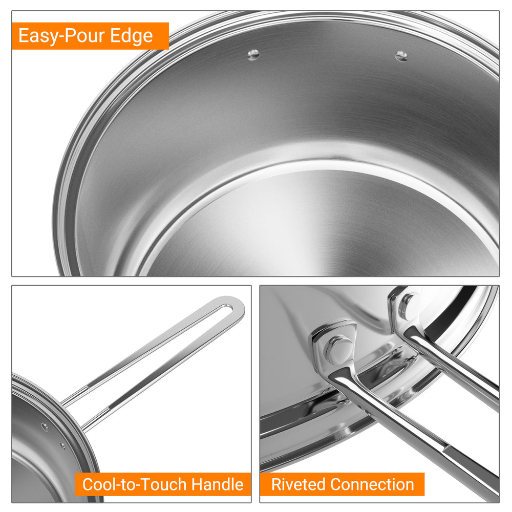 Close-up of the 12-piece stainless steel pots and pans set showing the easy-pour edge and cool-to-touch handle.