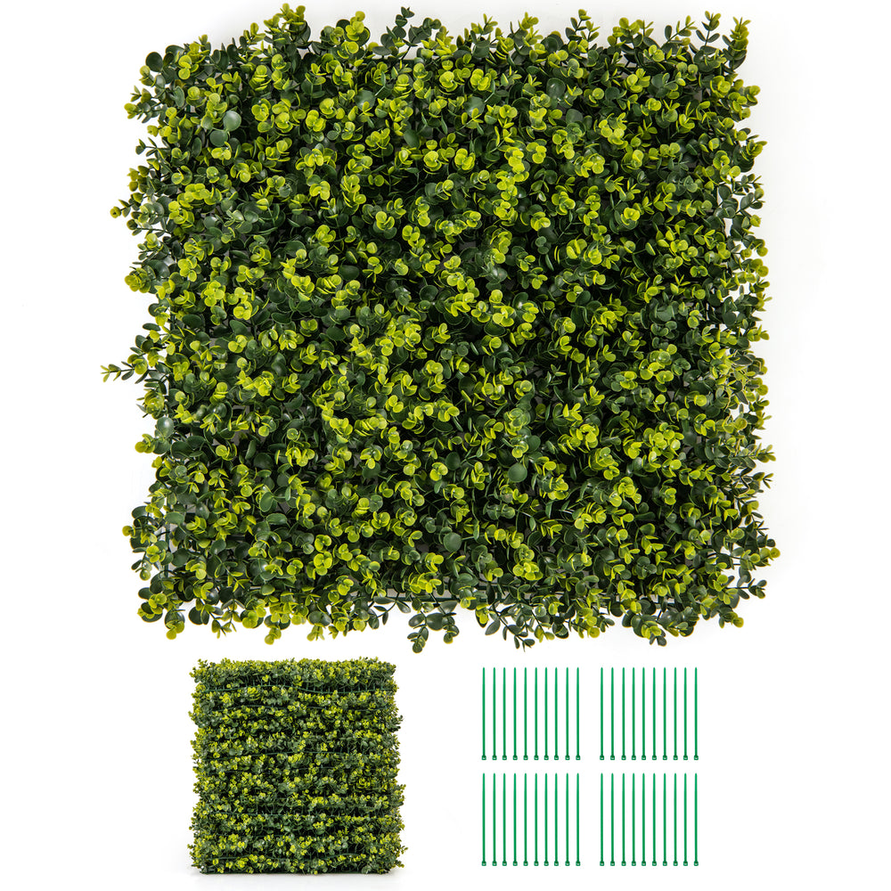 Artificial Eucalyptus hedge panel set, 12 pieces, 20"x20", maintenance-free, ideal for privacy screens or green walls.