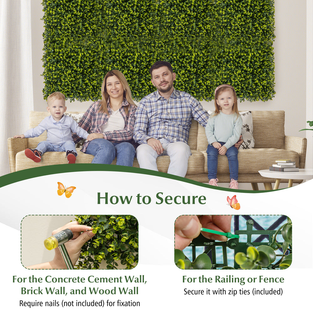Artificial hedge eucalyptus panels, 20"x20", maintenance-free, perfect for privacy screens or green wall backdrops.