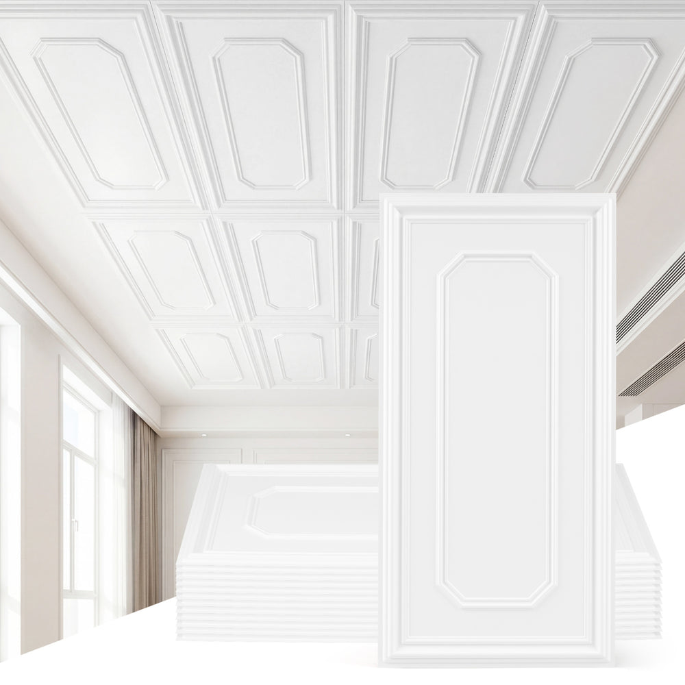 White PVC ceiling tiles showcasing a 3D-style design, ideal for easy installation and customizable interior decor.