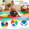 Colorful 12-piece puzzle interlocking flooring mat, 8.5' x 6.4', anti-slip, ideal for gym or playroom use.