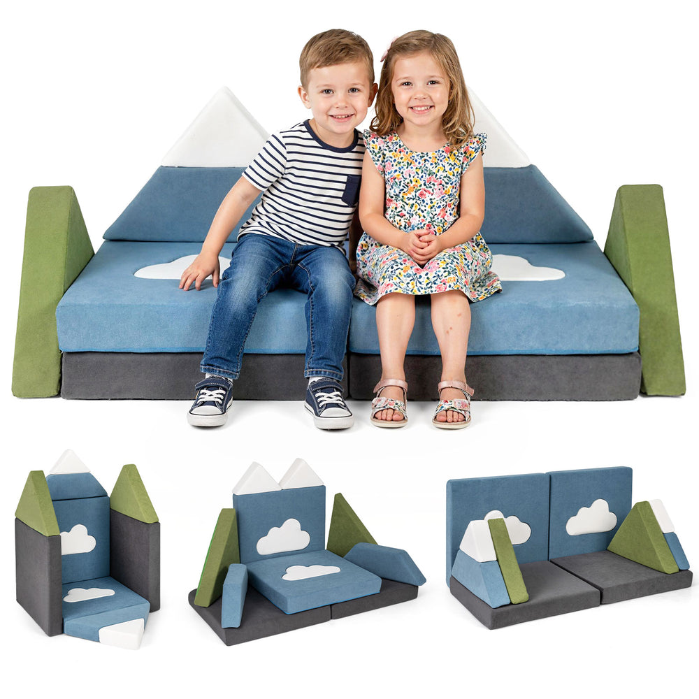 Toddler foam building fort in snow mountain theme, featuring soft velvet fabric and high-density foam for comfort.