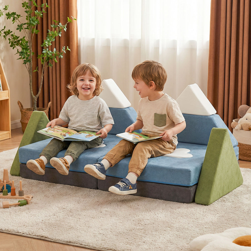 Snow mountain theme toddler foam building fort in soft velvet, perfect for imaginative play and family bonding.