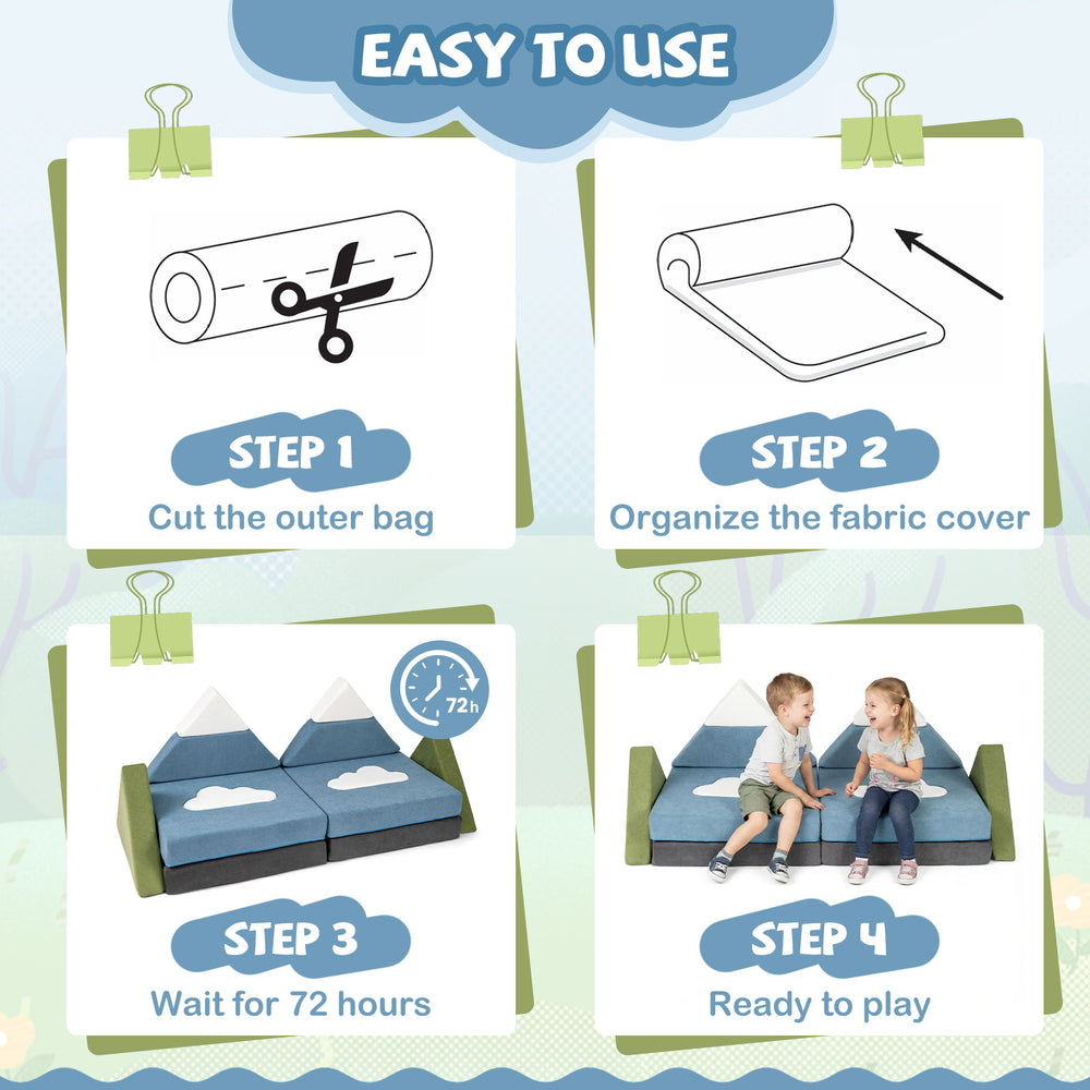 Step-by-step guide for using the 12 Pieces Snow Mountain Theme Toddler Foam Building Fort, featuring easy setup.