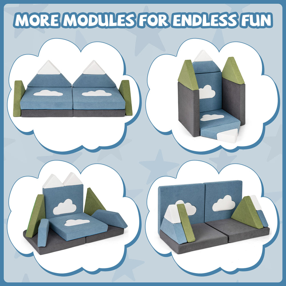 Toddler foam building fort in snow mountain theme, featuring soft velvet fabric and high-density foam for comfort and.