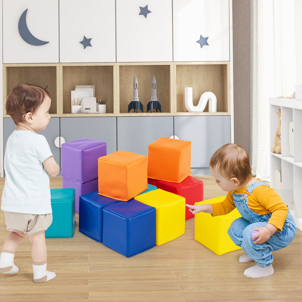 Colorful set of 12 soft foam building blocks for kids, designed for safe play and improving motor skills in various.