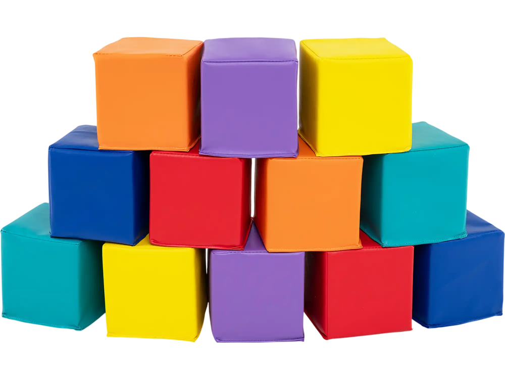 Colorful set of 12 soft foam building blocks for kids, made with PU leather and EPE foam, ideal for imaginative play.