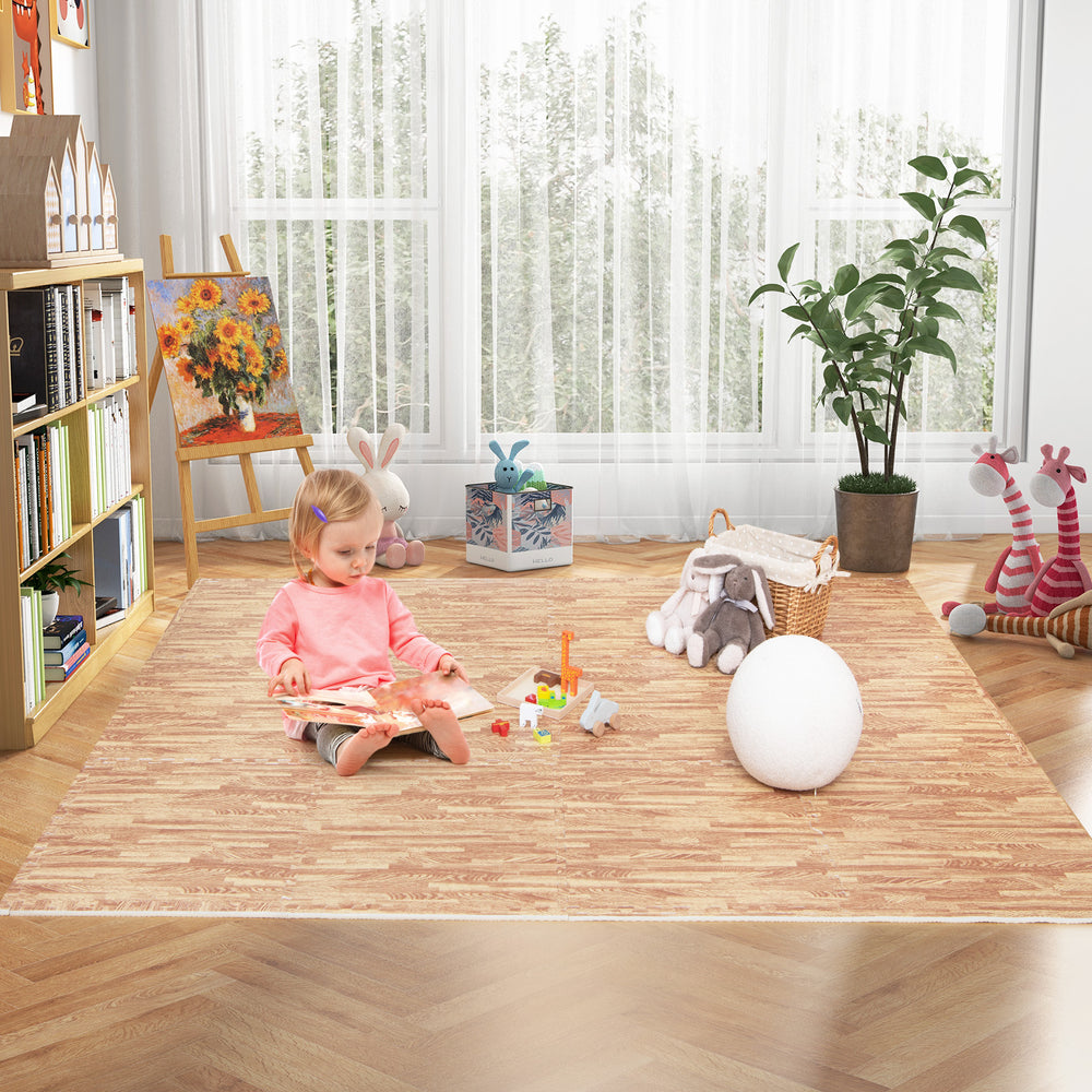 Wood grain foam floor mats with borders, covering 48 square feet, ideal for playrooms and indoor activities.