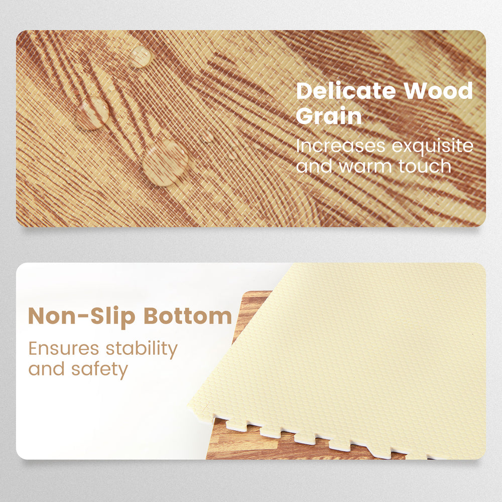 Wood grain foam floor mat with non-slip bottom, ensuring stability and safety for indoor activities and fitness.