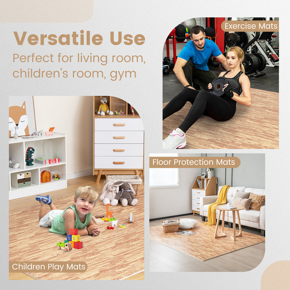 Wood grain foam floor mats with borders, ideal for exercise, children's play, and floor protection in various indoor.