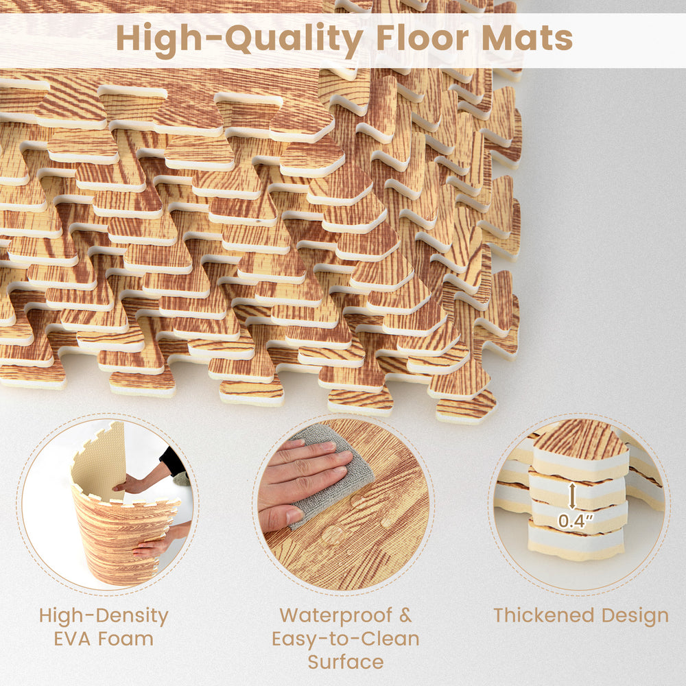 Stack of 12 wood grain foam floor mats made of high-density EVA foam, waterproof and easy to clean for versatile indoor.