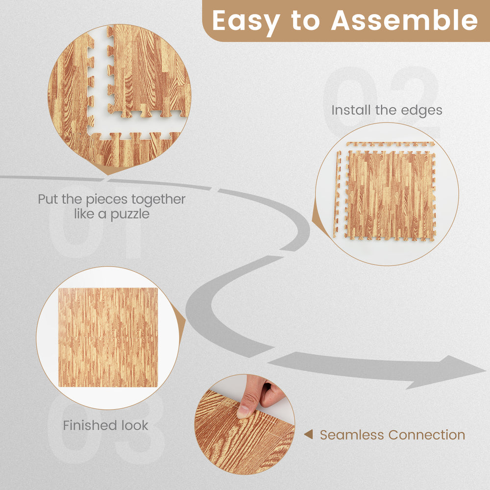Wood grain foam floor mats with borders, easy to assemble, ideal for living room, gym, or playroom use.