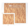 12 wood grain foam floor tiles with borders covering 48 square feet, ideal for fitness and indoor activities.