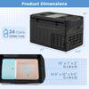 Portable 12V car refrigerator with touch panel, 23QT capacity, removable divider, and dimensions for 24 cans of cola.
