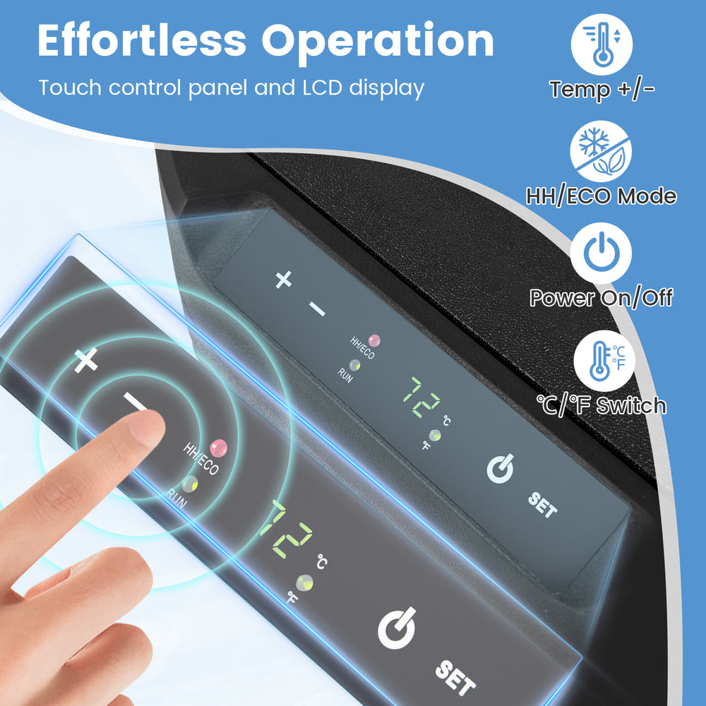 Touch control panel of the 12V car refrigerator with LCD display for effortless operation and temperature adjustment.