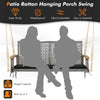 Spacious 2-person patio wicker hanging swing chair in black with gray PE rattan, acacia wood armrests, for outdoor.