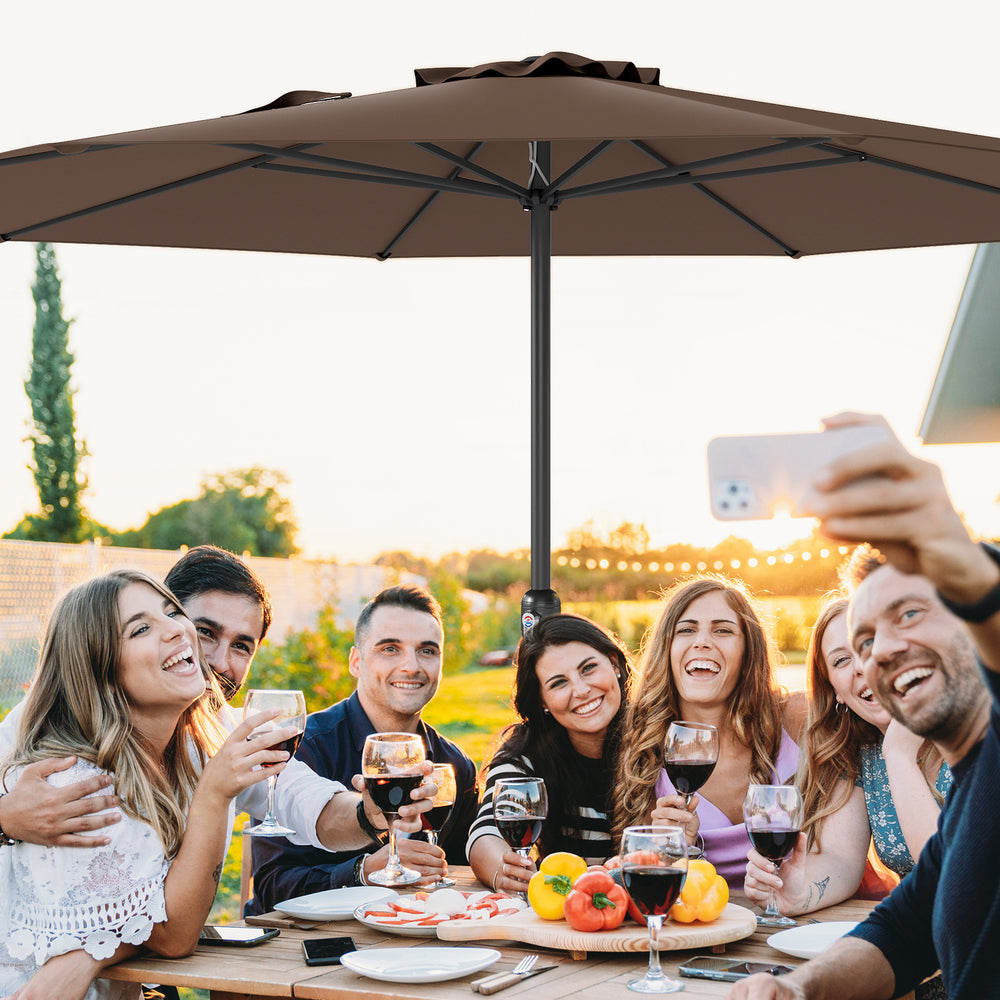 12 feet coffee patio umbrella with crank handle, providing large shade for gatherings on the patio or poolside.