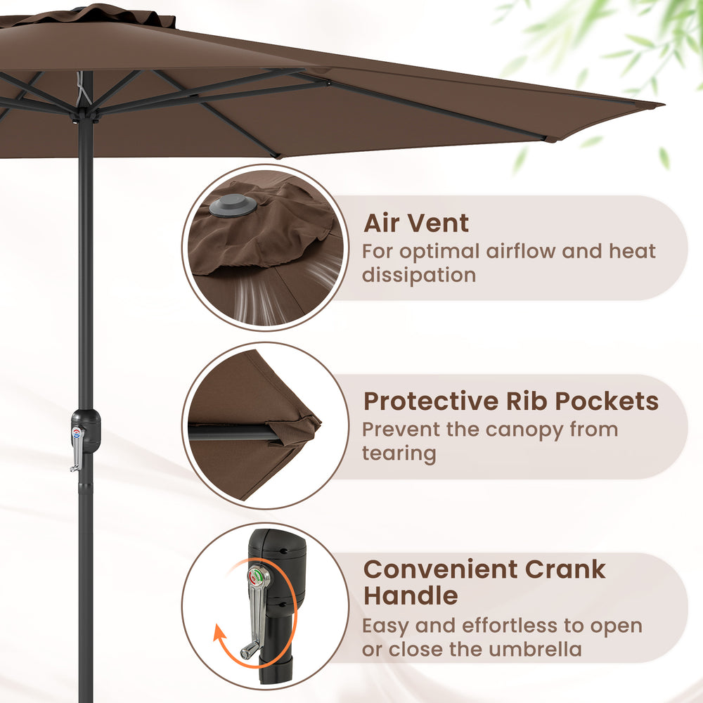 12-foot coffee patio umbrella with crank handle, air vent, and protective rib pockets for durable outdoor shading.