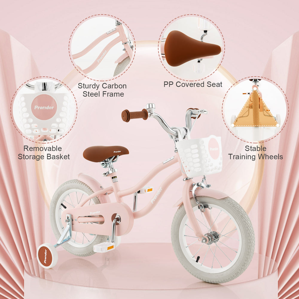 12-inch kids bike in pink with training wheels, removable basket, and soft padded seat for ages 3-8 years.