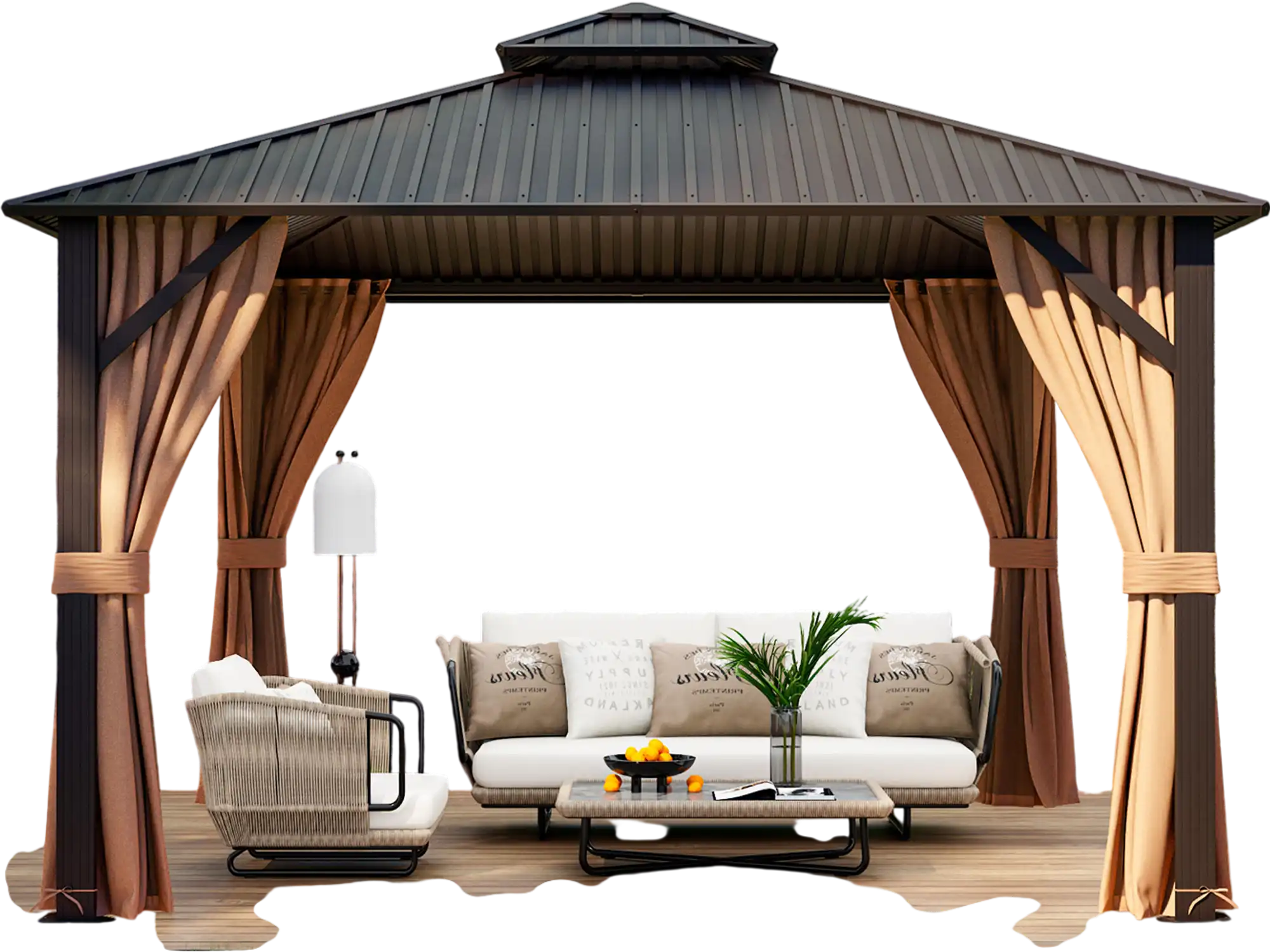Costway 12' x 12' Double-Roof Patio Hardtop Gazebo w/ Galvanized Steel Roof Netting Curtains Coffee 81269547 New