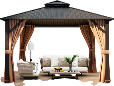 Costway 12' x 12' Double-Roof Patio Hardtop Gazebo w/ Galvanized Steel Roof Netting Curtains Coffee 81269547 New