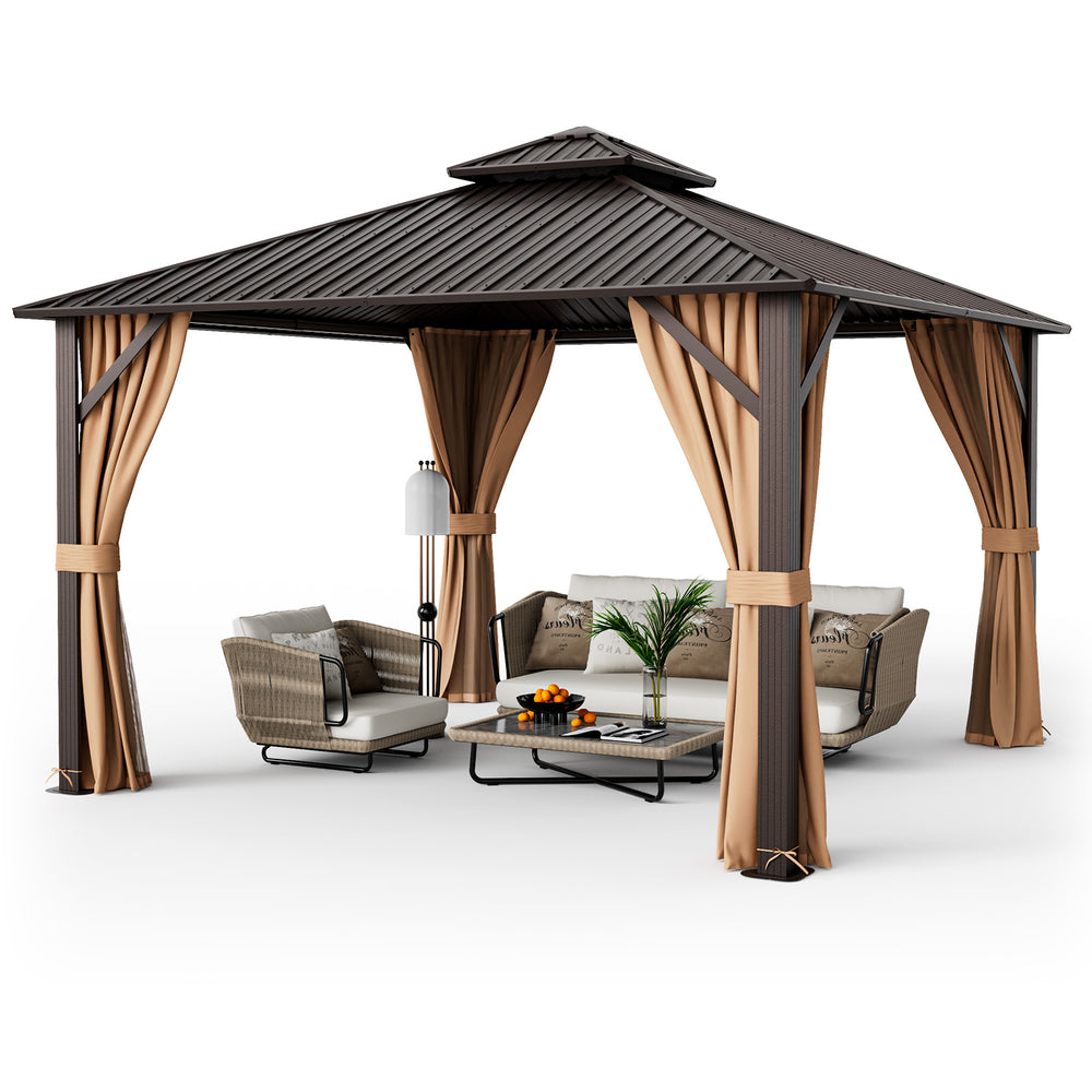 Double-roof patio gazebo with galvanized steel roof, curtains, and seating area for outdoor relaxation and comfort.