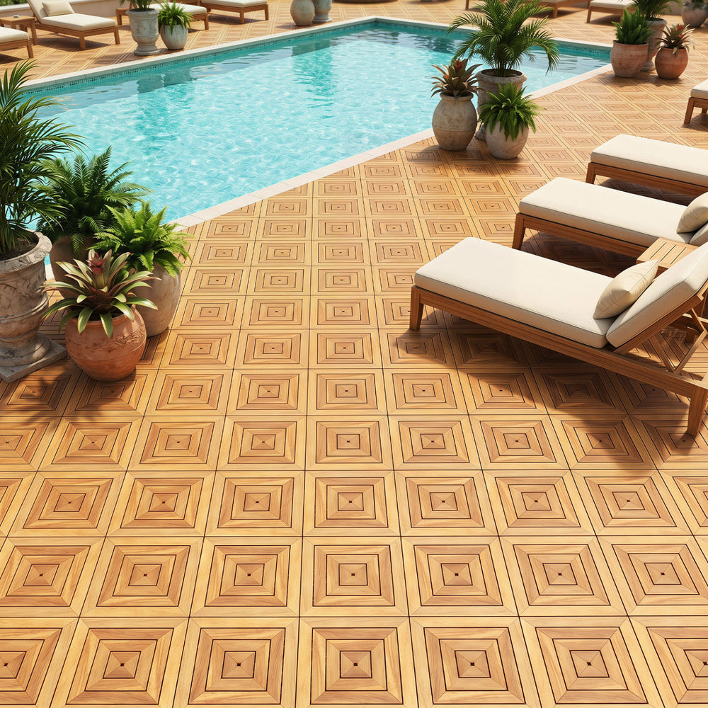 Acacia wood interlocking deck tiles arranged around a pool, showcasing a waterproof design for outdoor use.