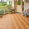 Acacia wood interlocking deck tiles in a natural finish, showcasing a waterproof design on a patio floor.