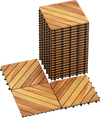 Acacia wood interlocking deck tiles, 12 x 12 inch, waterproof design, stacked and arranged for outdoor flooring.