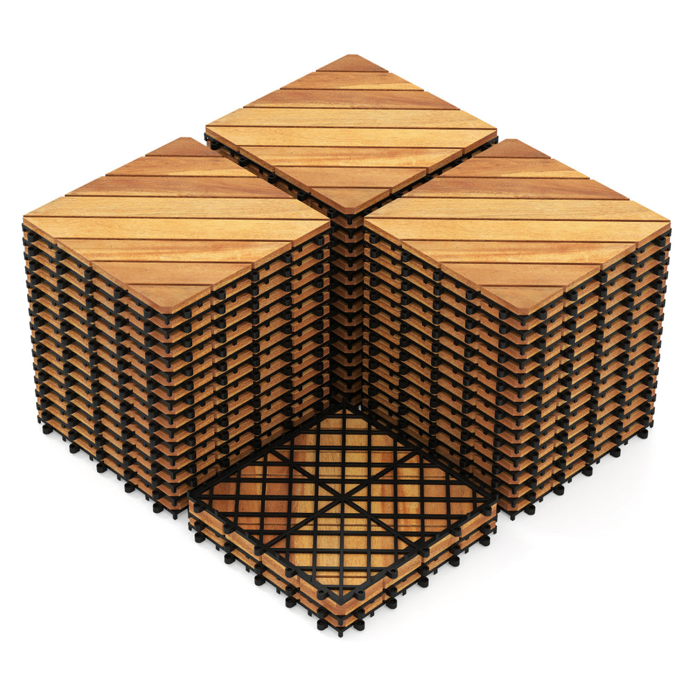 Acacia wood interlocking deck tiles in a stacked arrangement, featuring a waterproof design for outdoor use.