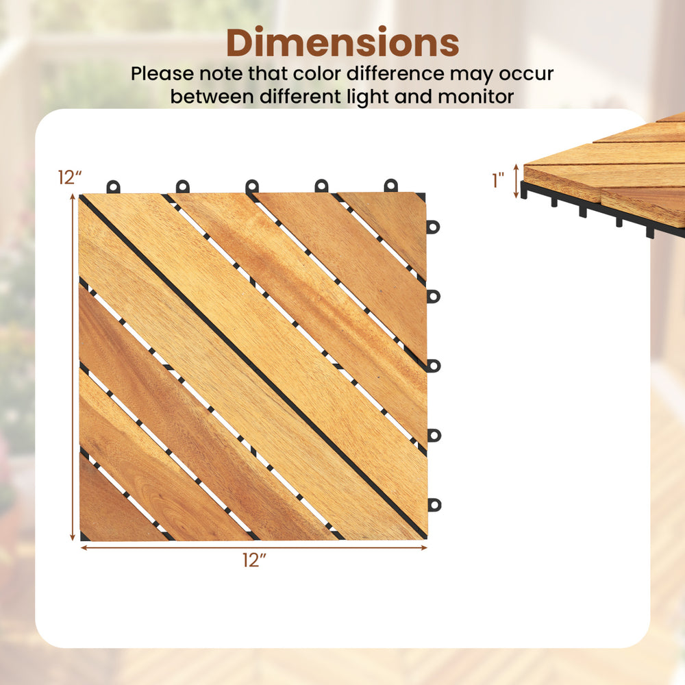 Acacia wood interlocking deck tile, 12x12 inch, waterproof design, shown in dimension view for outdoor use.