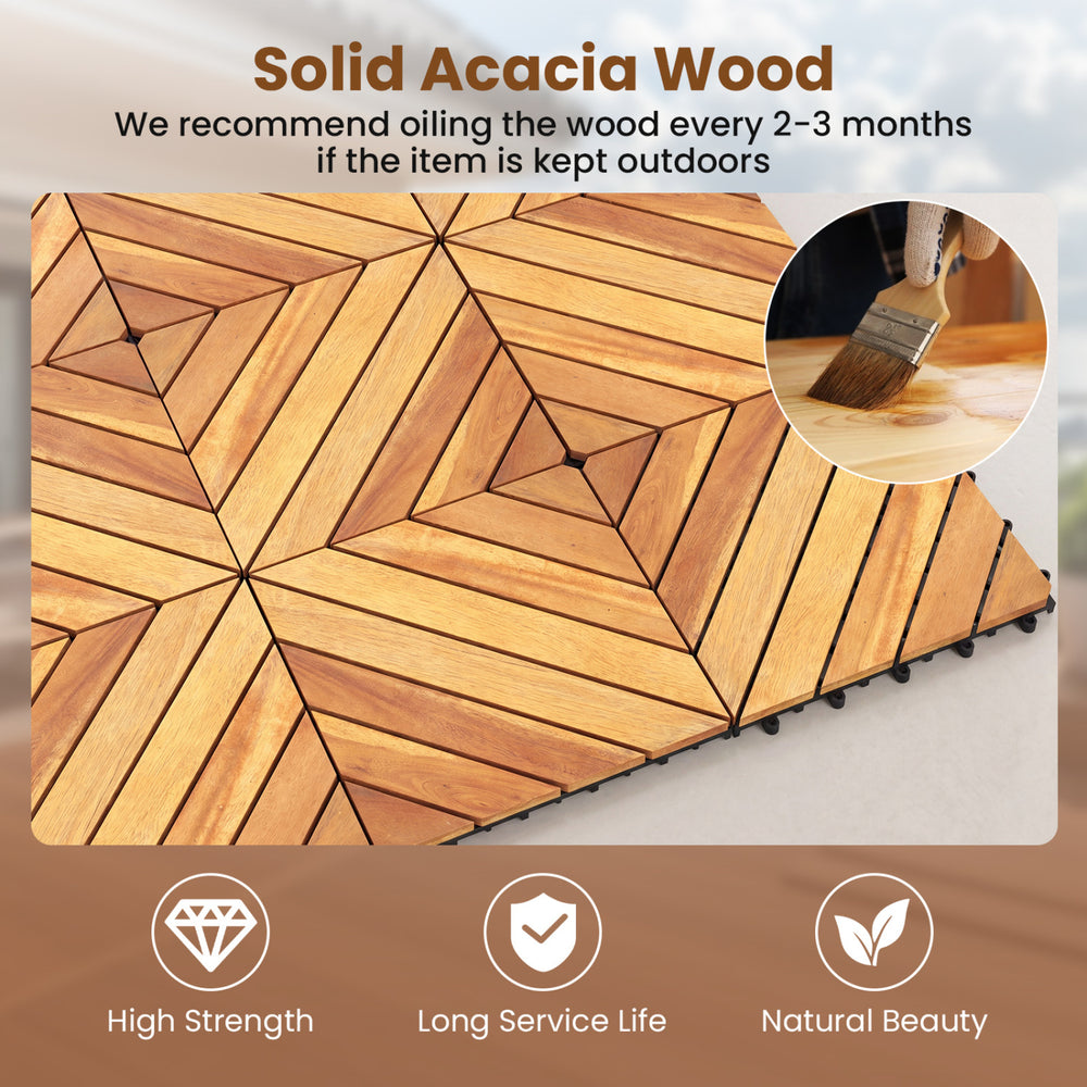 Acacia wood interlocking deck tiles in a natural finish, showcasing high strength and waterproof design for outdoor use.
