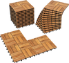 Acacia wood interlocking deck tiles in a natural finish, showcasing a waterproof design and versatile layout options.